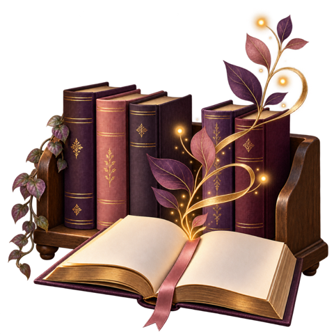 A little bookshelf with a golden swirl rising from an open book
